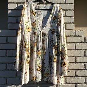 Free People Floral Long Sleeve V-neck Mini Dress/Tunic Top - Size Large